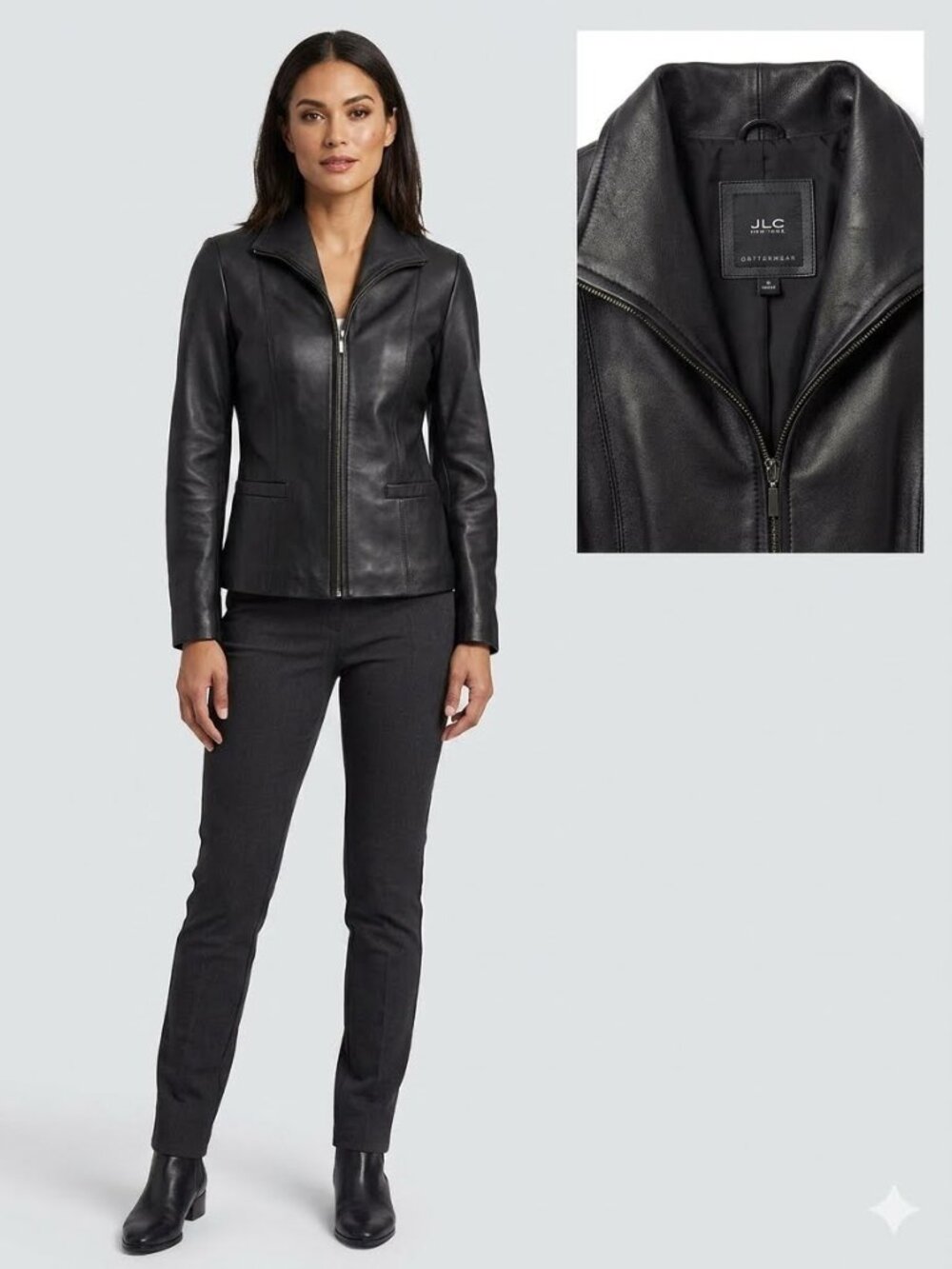 JLC New York Supple Black Leather Zip-Up Jacket - Size Medium